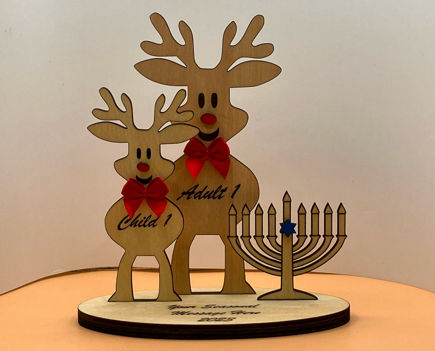 Custom laser etched Single Reindeer with 1 Child and a Menorah