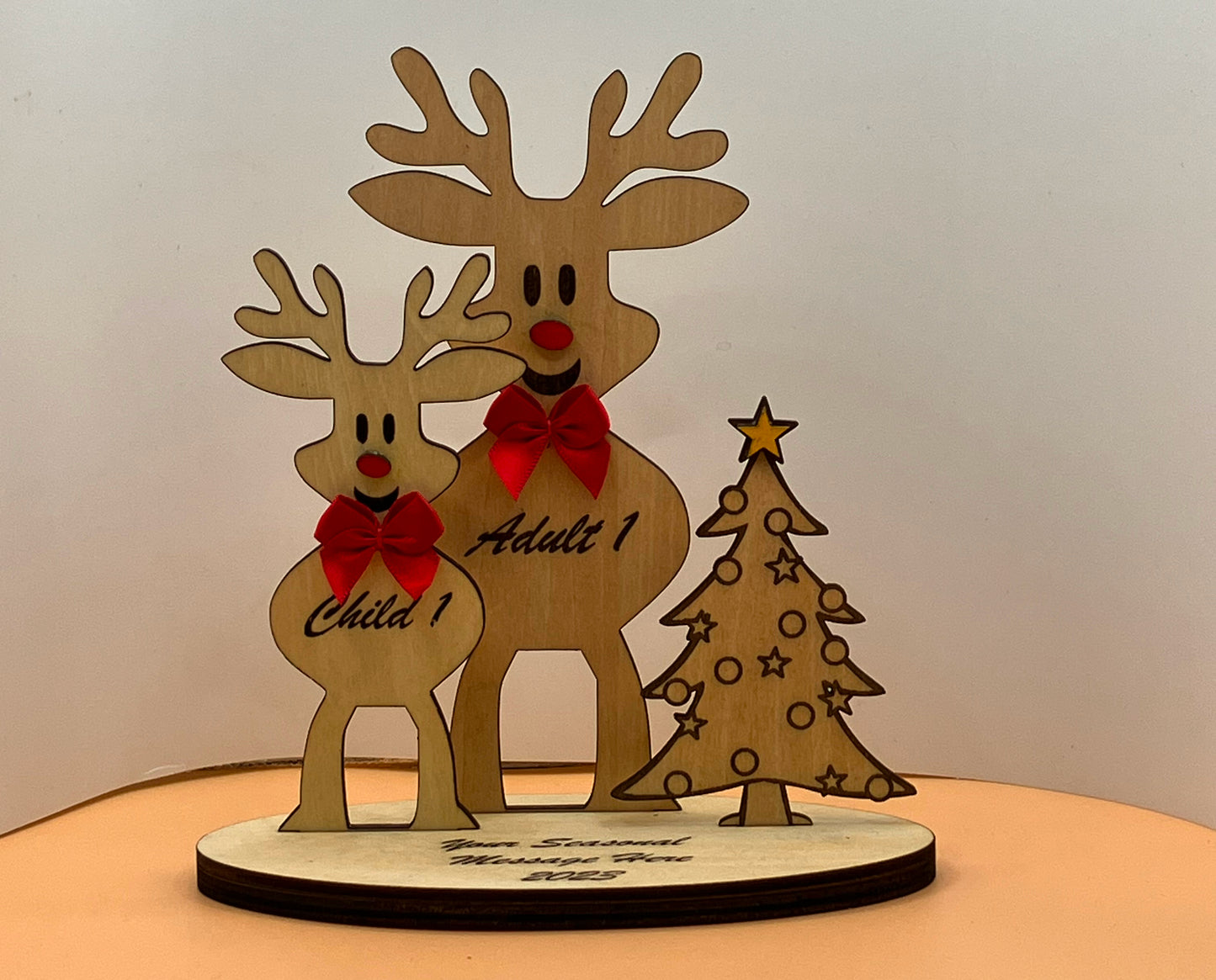 Custom laser etched Single Reindeer with 1 Child and a Christmas Tree