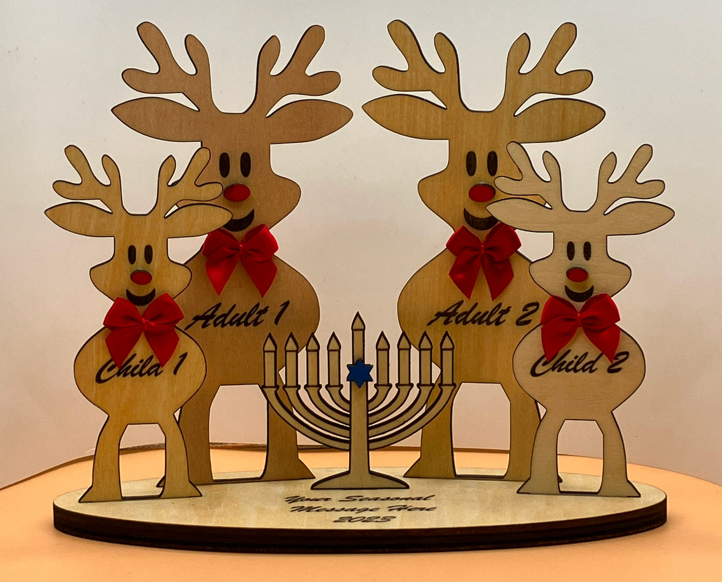 Custom Laser Etched Reindeer Couple with 2 Children and Menorah