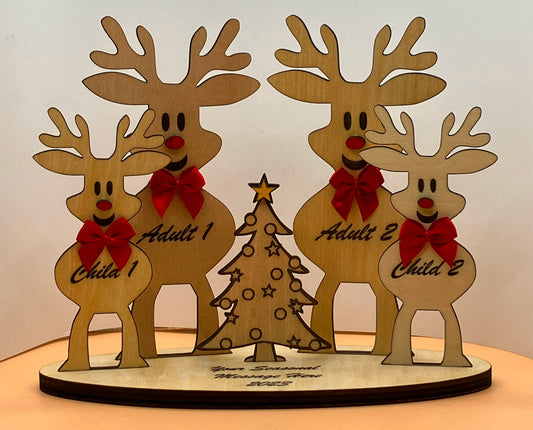 Custom Laser Etched Reindeer Couple with 2 Children and Christmas Tree