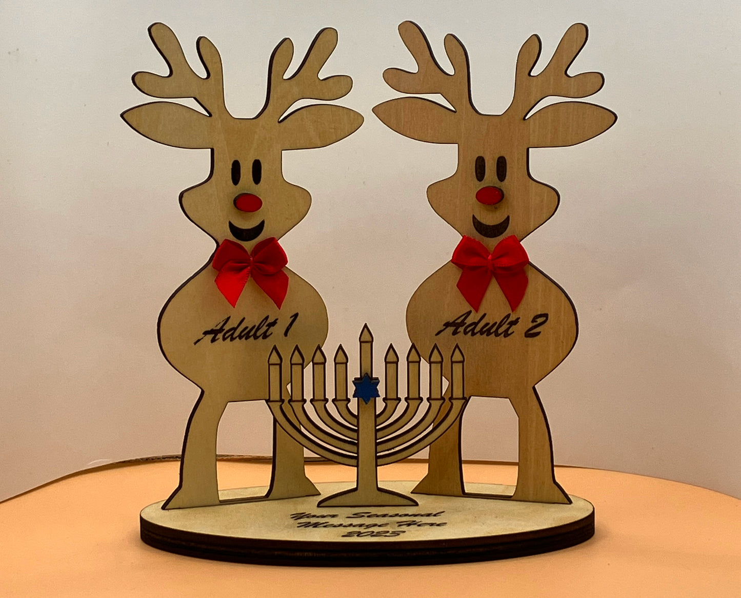 Custom Laser Etched Reindeer Couple with Menorah